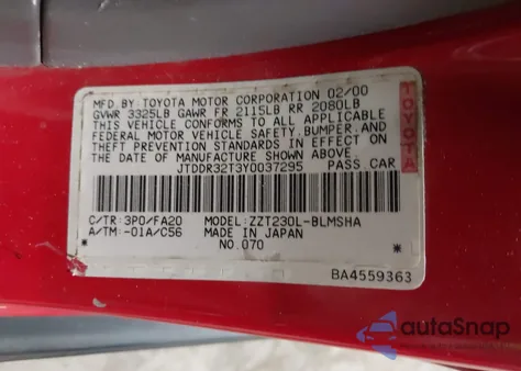 2000 Toyota Celica Gt from USA, damaged, VIN JTDDR32T3Y0037295